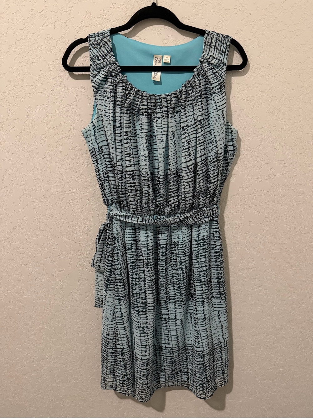 Emma & Michele Blue/Black Abstract Scoop Neck Ruched A-Line Dress Women's 10